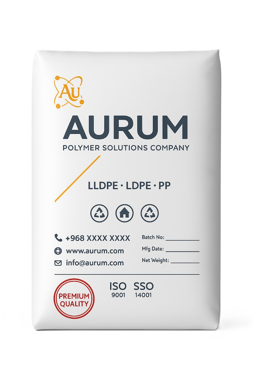 Aurum Polymer Solutions bag featuring contact details, certifications, and product information.